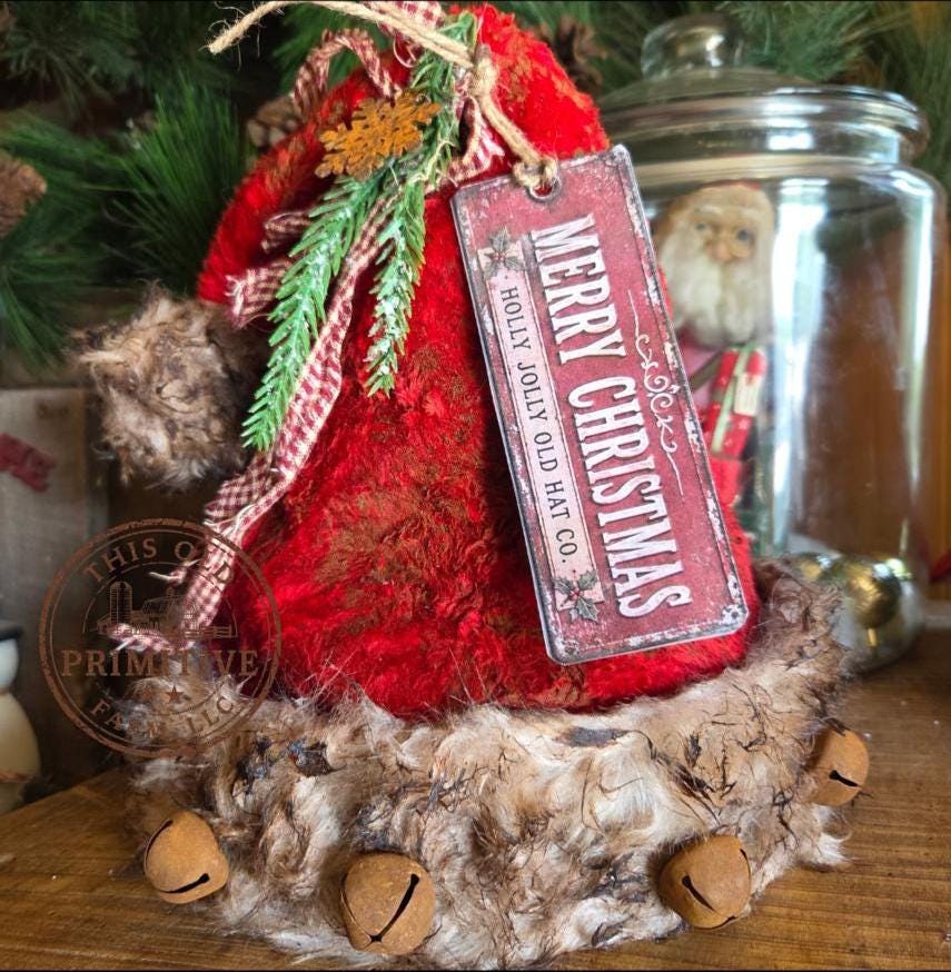 Premium Primitive Rustic Santa Hat Tree Topper | Handcrafted Farmhouse Christmas Decor | Limited Edition Holiday Topper with Jingle Bells