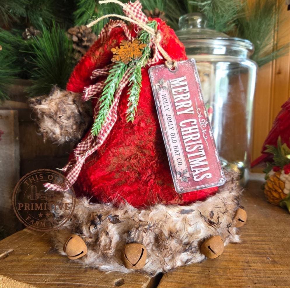 Premium Primitive Rustic Santa Hat Tree Topper | Handcrafted Farmhouse Christmas Decor | Limited Edition Holiday Topper with Jingle Bells