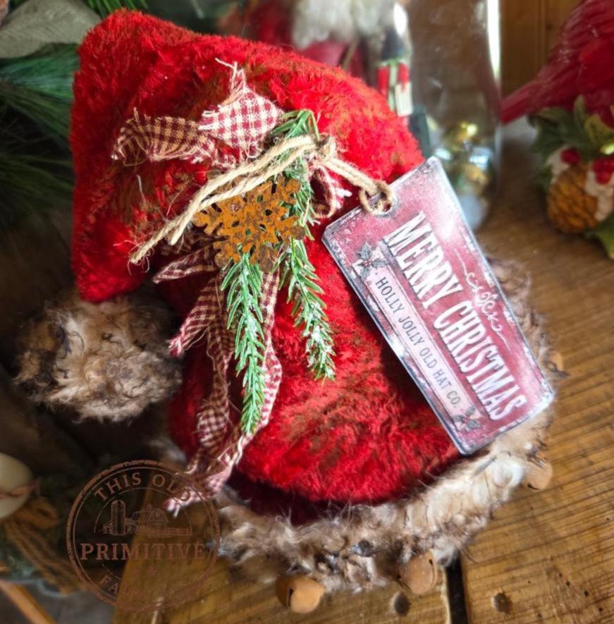 Premium Primitive Rustic Santa Hat Tree Topper | Handcrafted Farmhouse Christmas Decor | Limited Edition Holiday Topper with Jingle Bells