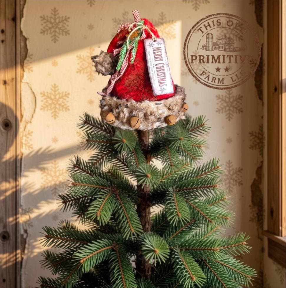 Handcrafted Primitive Santa Hat Tree Topper | Rustic Farmhouse Christmas Decor (2026 Limited Edition)