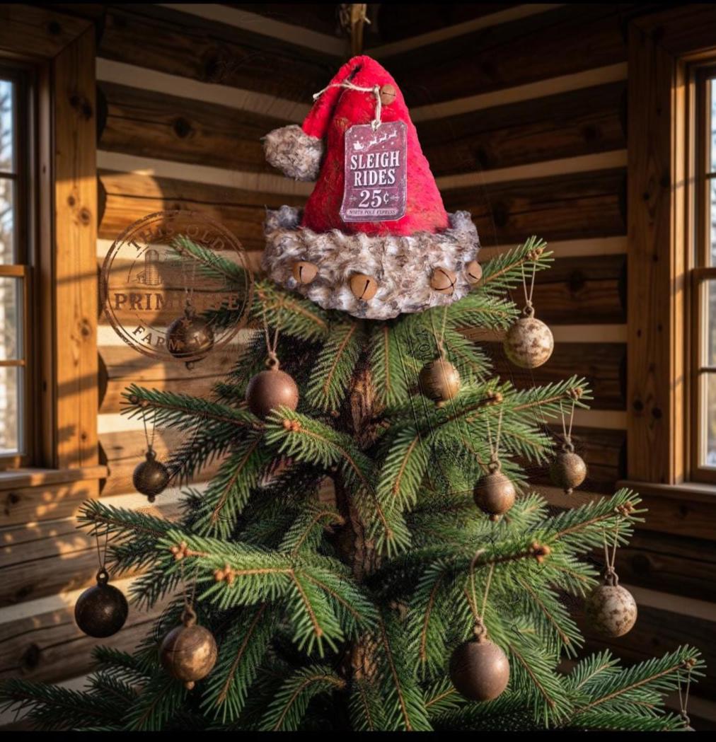 Handcrafted Primitive Santa Hat Tree Topper Sleigh Rides 25 cents | Rustic Farmhouse Christmas Decor (2026 Limited Edition)