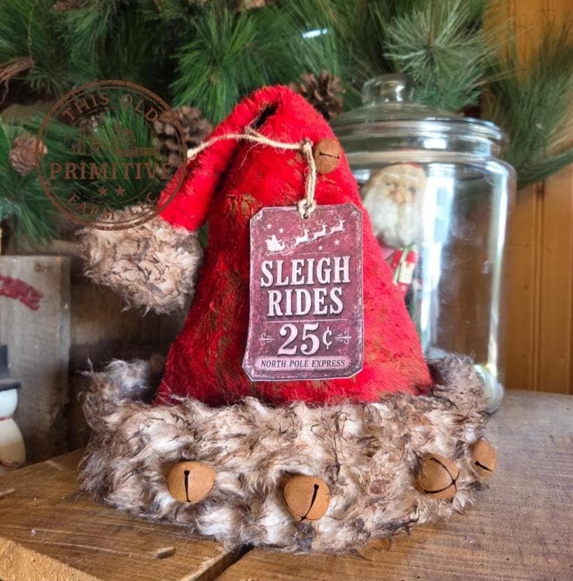 Handcrafted Primitive Santa Hat Tree Topper Sleigh Rides 25 cents | Rustic Farmhouse Christmas Decor (2026 Limited Edition)