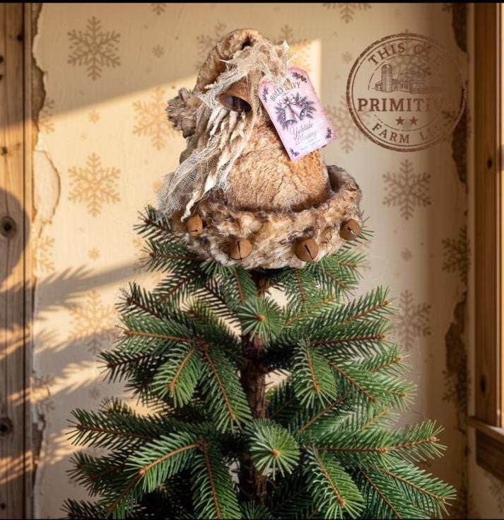 Primitive Cream Santa Hat Tree Topper | Rustic Christmas Decor (2026 Limited Edition)