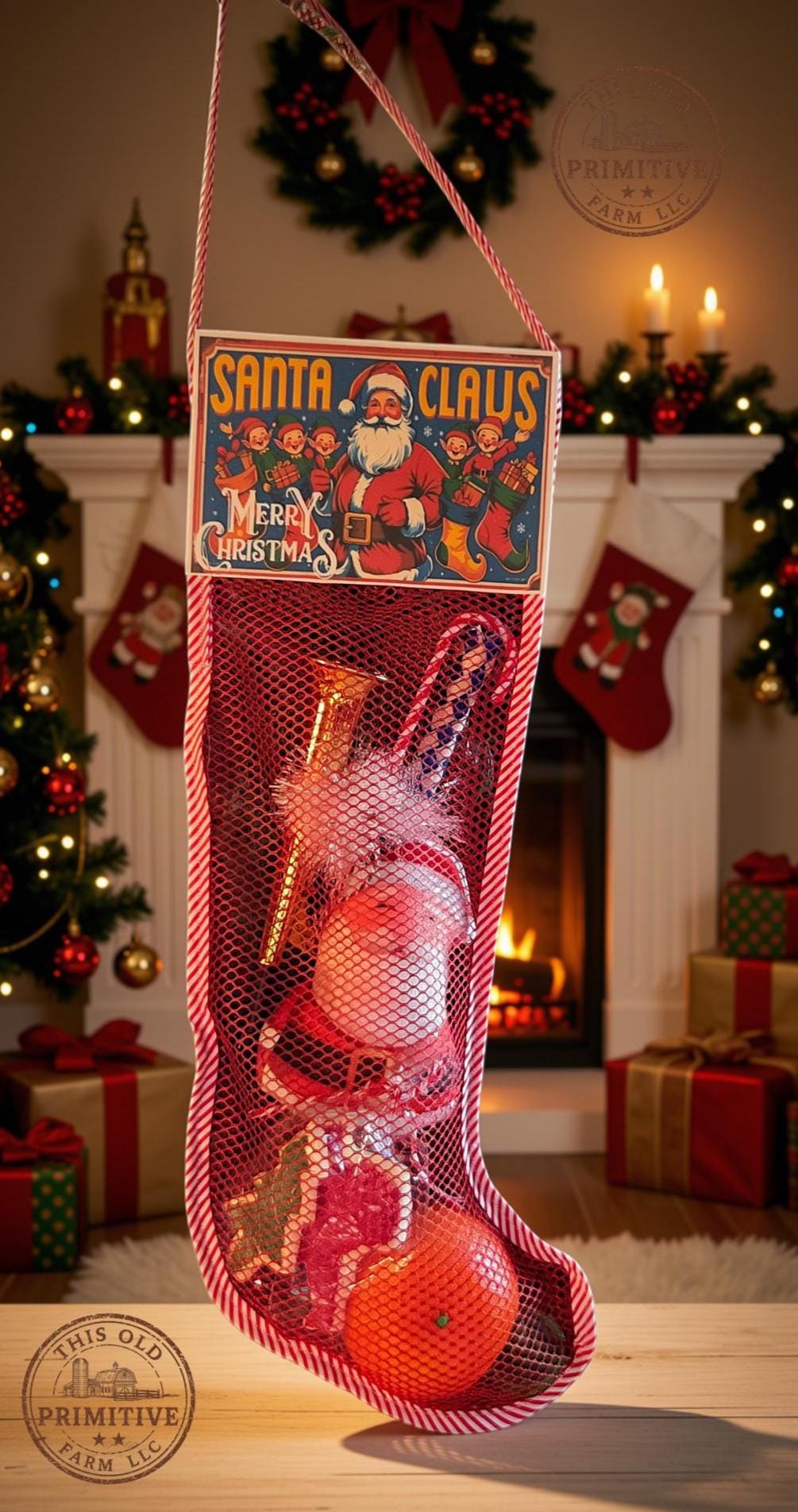 Vintage-Inspired Filled Christmas Stocking, Nostalgic Toys, 18 Inch Santa Stocking (Handmade)