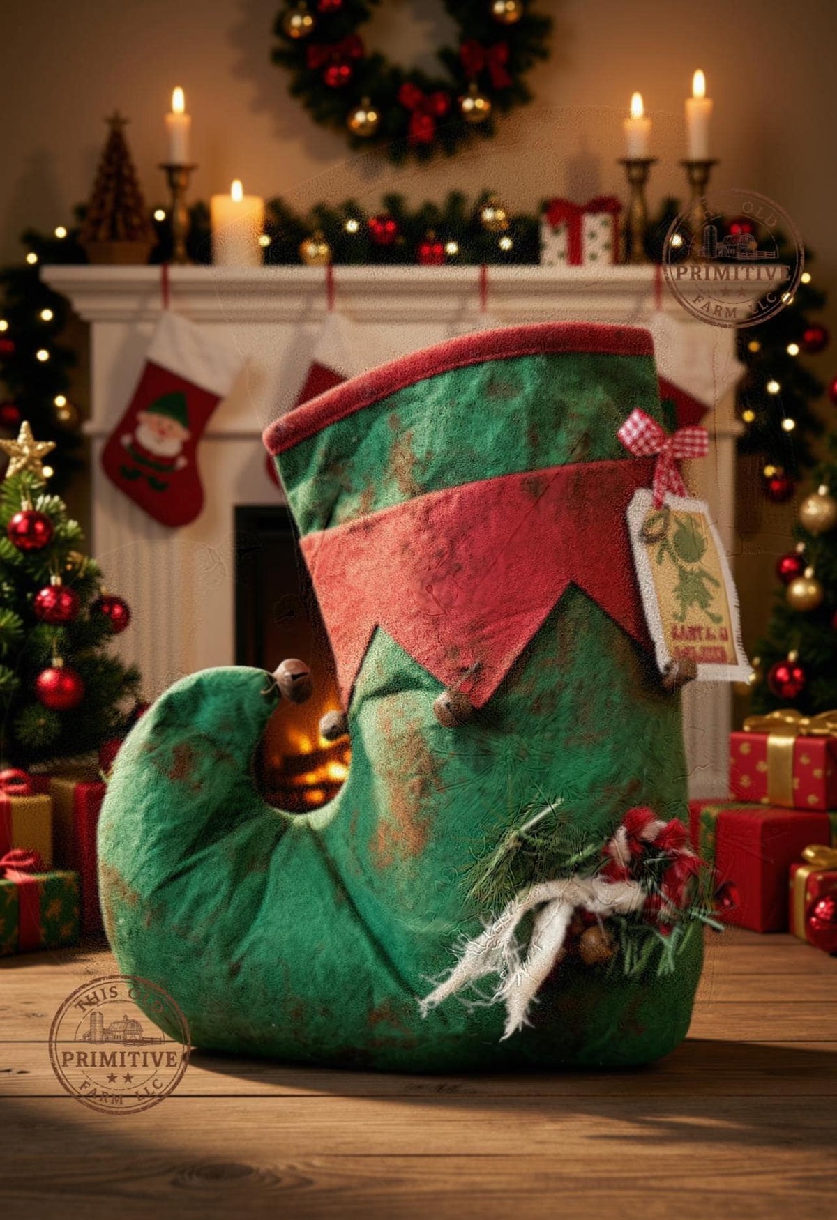 Primitive Elf Boot Christmas Decor, Santa's Helper, Rustic Farmhouse Shelf Sitter