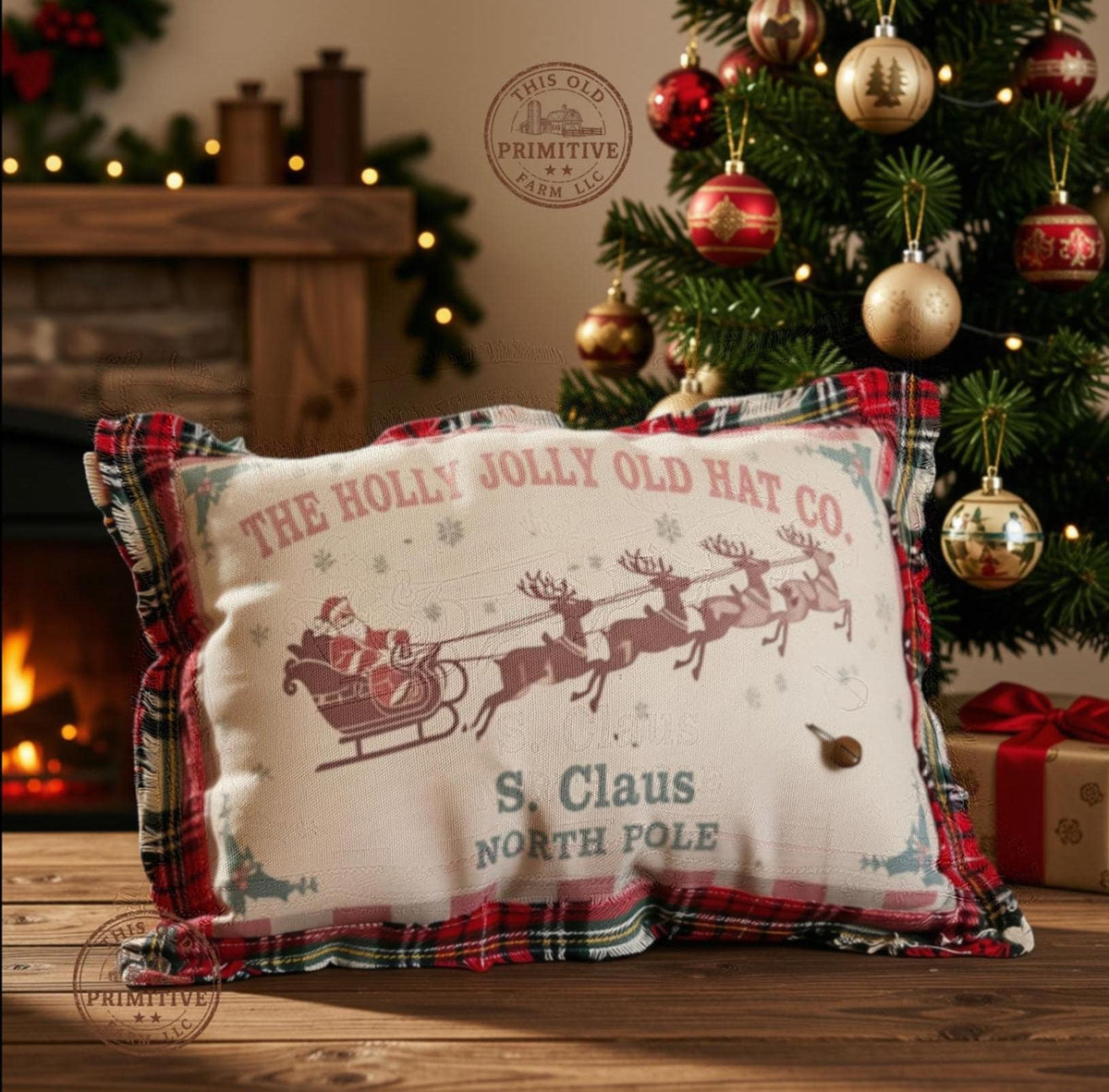 Reversible Santa Christmas Pillow, 14x10 Vintage Christmas Decor, Tartan Flannel Santa Sleigh Pillow, Farmhouse Folk Art