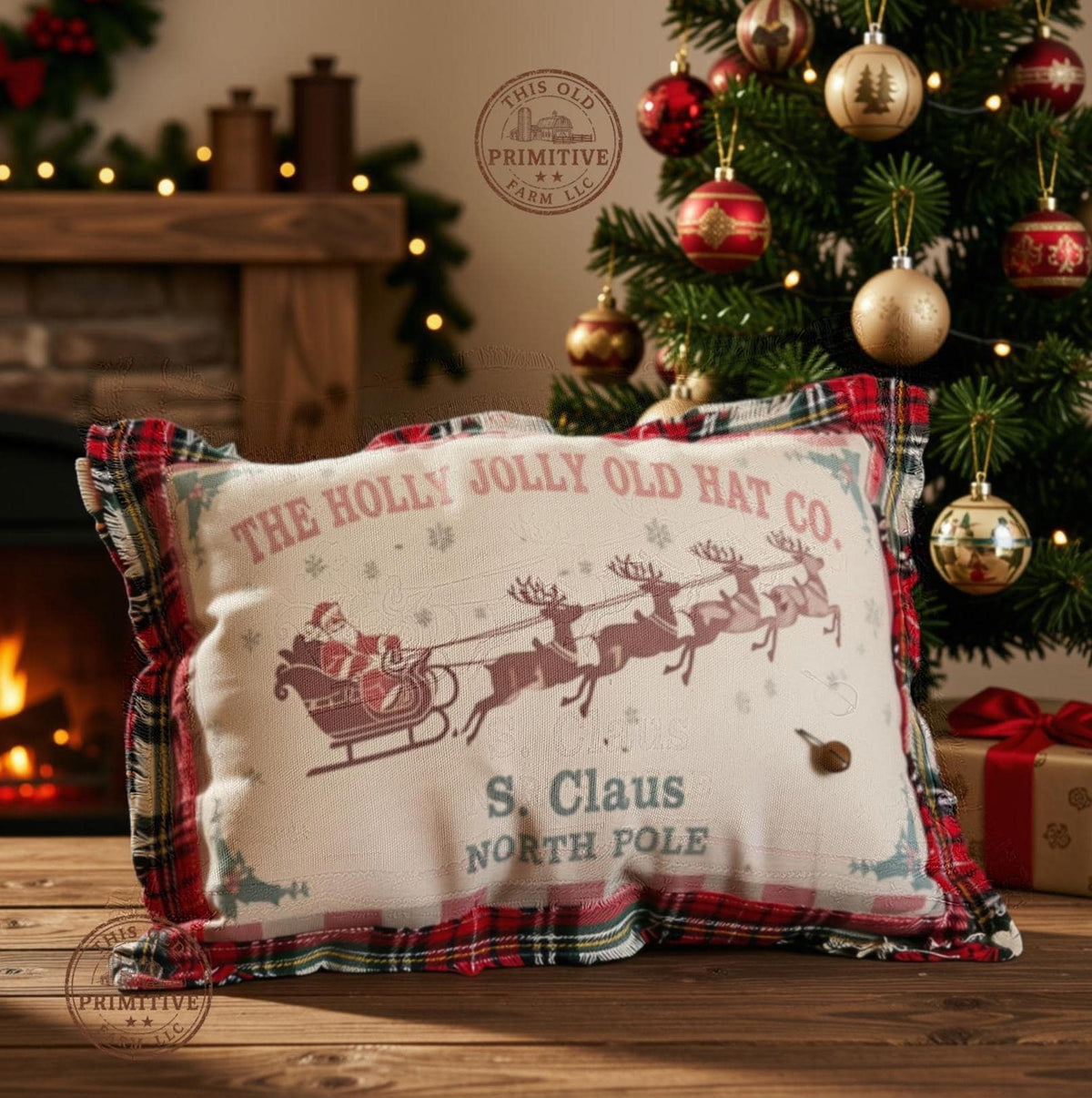 Reversible Santa Christmas Pillow, 14x10 Vintage Christmas Decor, Tartan Flannel Santa Sleigh Pillow, Farmhouse Folk Art