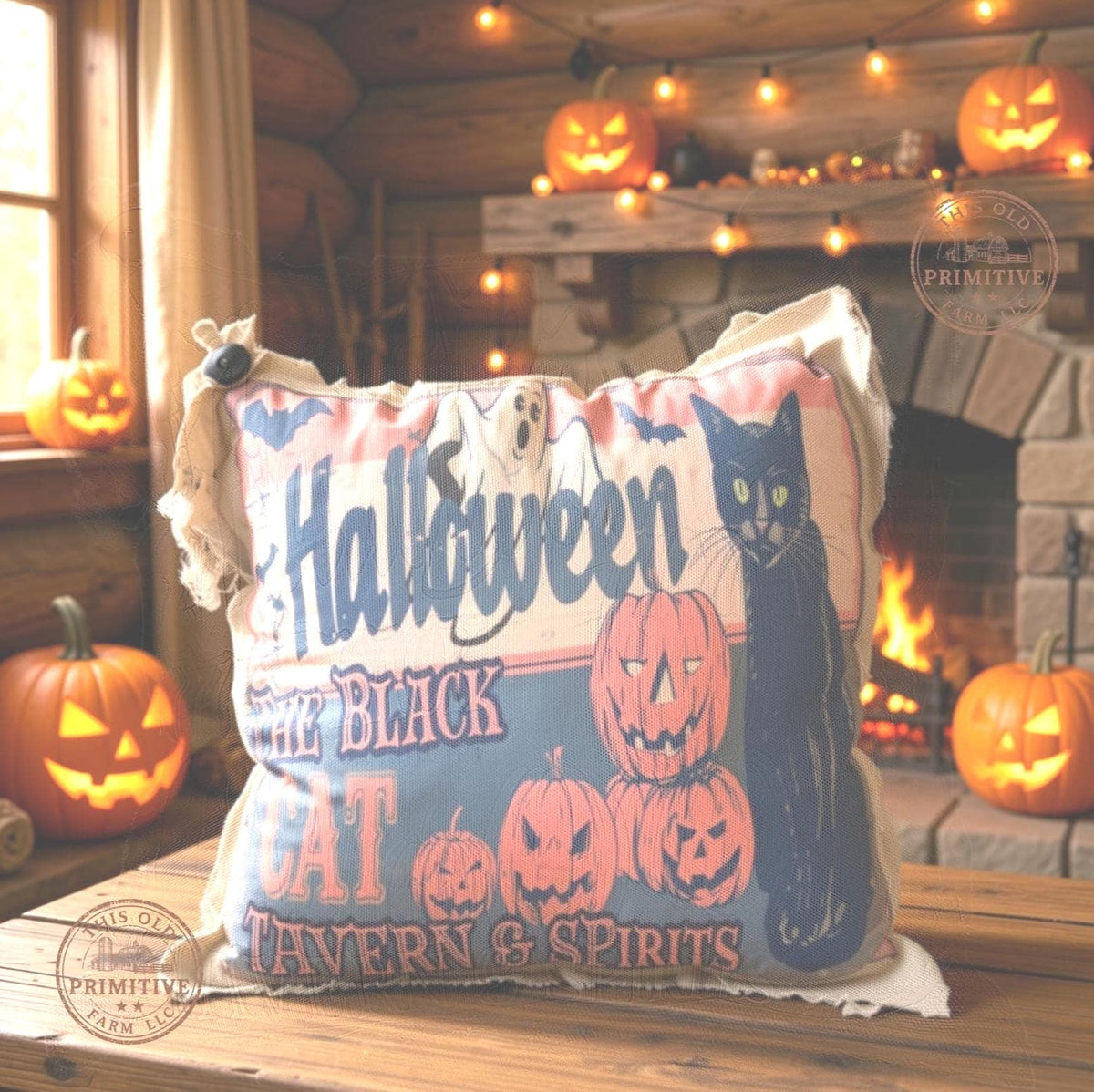 Vintage Halloween Black Cat Pillow, Handmade 13 Inch Halloween Pillow, Black Cat Tavern & Spirits, Farmhouse Folk Art Decor 13 x 13