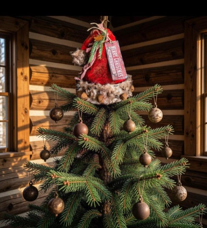 Premium Primitive Rustic Santa Hat Tree Topper | Handcrafted Farmhouse Christmas Decor | Limited Edition Holiday Topper with Jingle Bells