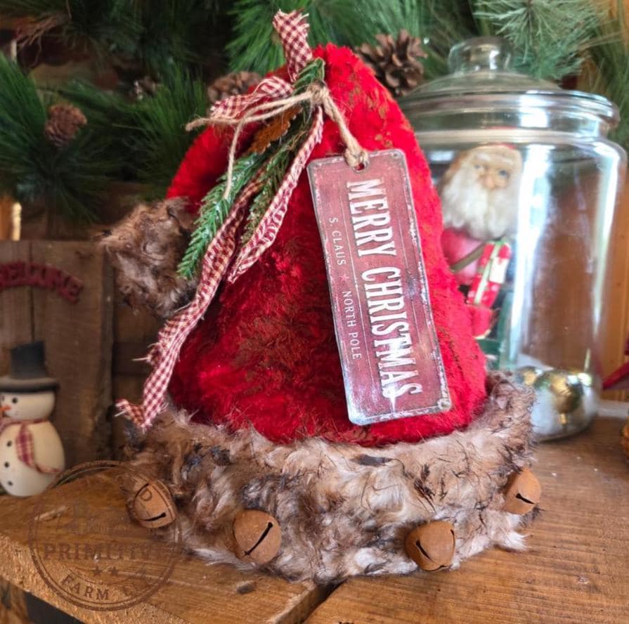 Premium Primitive Rustic Santa Hat Tree Topper | Handcrafted Farmhouse Christmas Decor | Limited Edition Holiday Topper with Jingle Bells