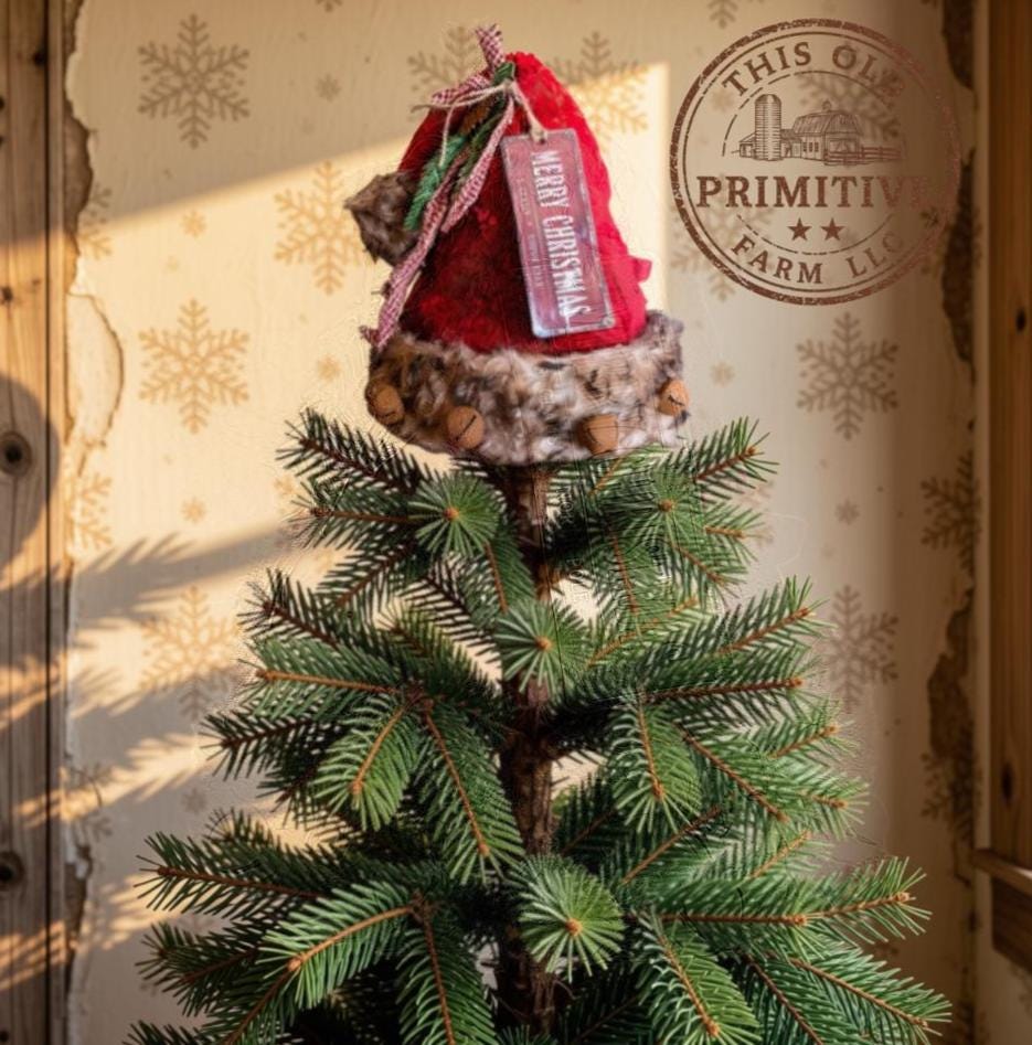 Premium Primitive Rustic Santa Hat Tree Topper | Handcrafted Farmhouse Christmas Decor | Limited Edition Holiday Topper with Jingle Bells