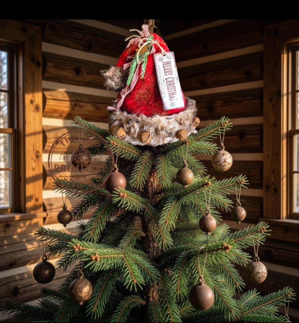 Handcrafted Primitive Santa Hat Tree Topper | Rustic Farmhouse Christmas Decor (2026 Limited Edition)