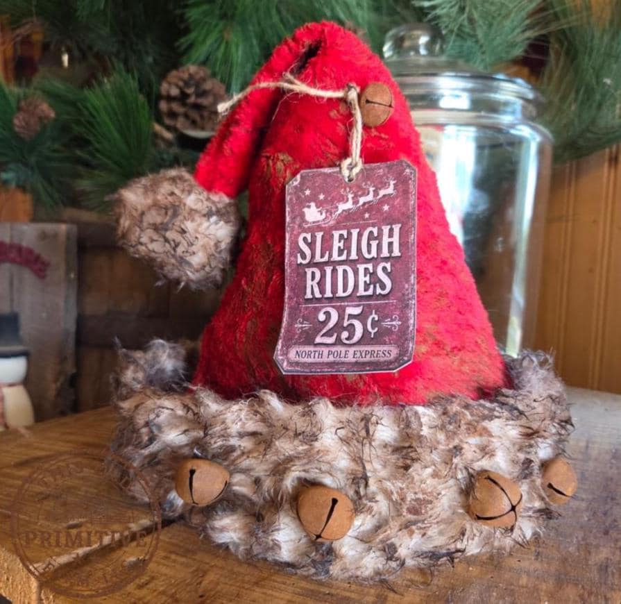Handcrafted Primitive Santa Hat Tree Topper Sleigh Rides 25 cents | Rustic Farmhouse Christmas Decor (2026 Limited Edition)