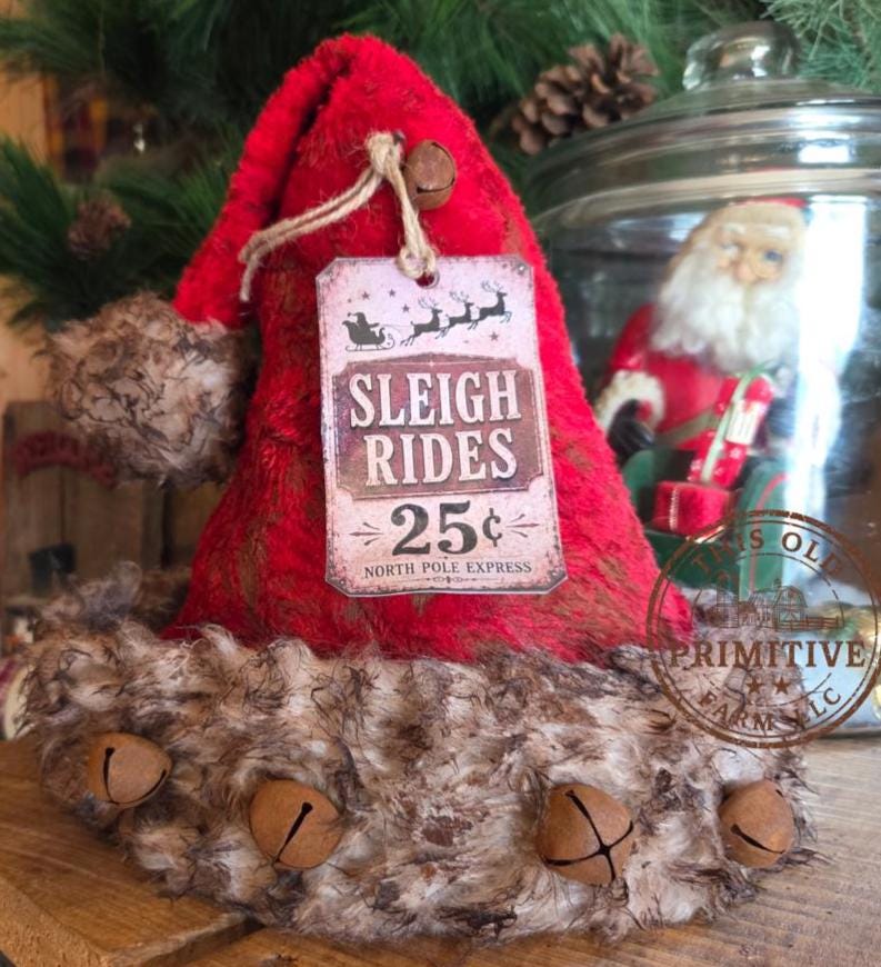 Primitive Santa Hat Tree Topper | Rustic Farmhouse Christmas Decor (2026 Limited Edition) Sleigh Rides 25 cents
