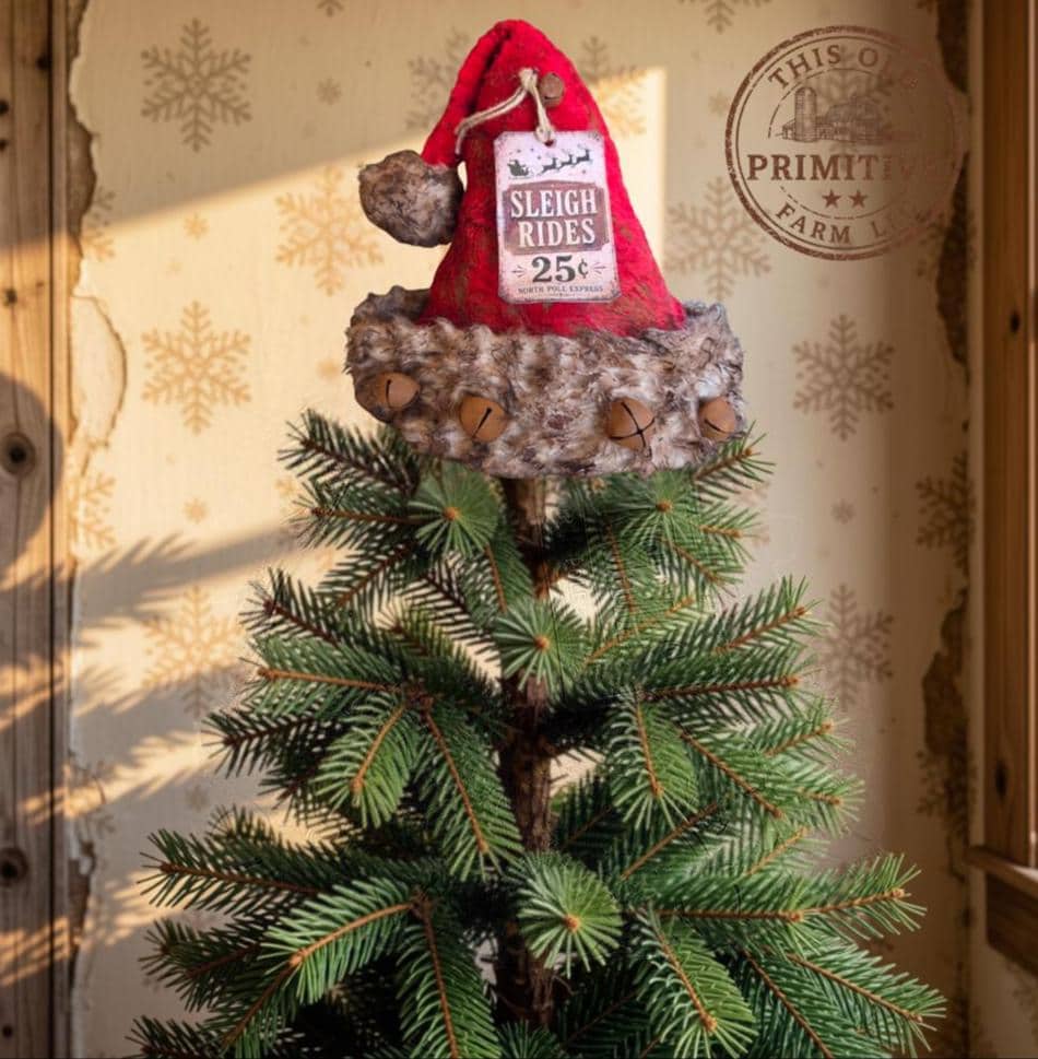 Primitive Santa Hat Tree Topper | Rustic Farmhouse Christmas Decor (2026 Limited Edition) Sleigh Rides 25 cents