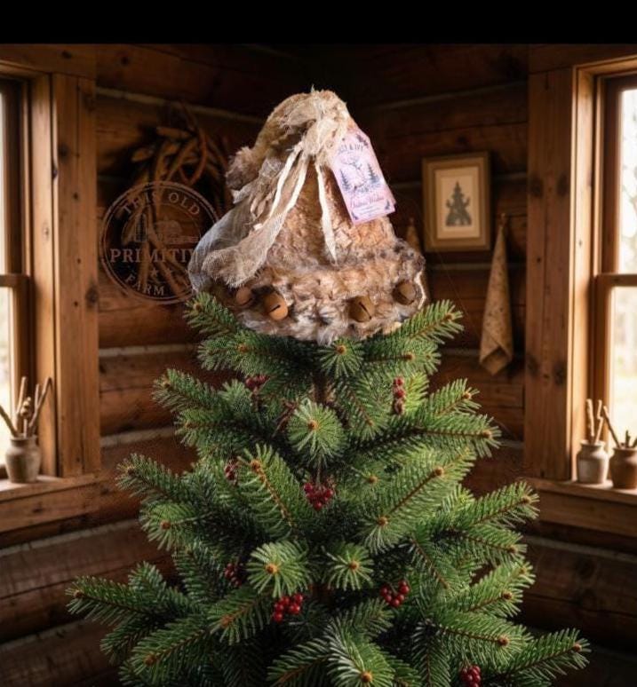 Primitive Cream Santa Hat Tree Topper | Holly & Ivy Christmas Wishes | 2026 Limited Edition