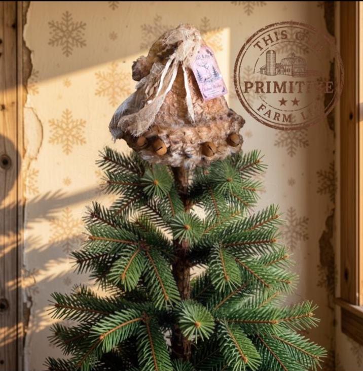 Primitive Cream Santa Hat Tree Topper | Holly & Ivy Christmas Wishes | 2026 Limited Edition