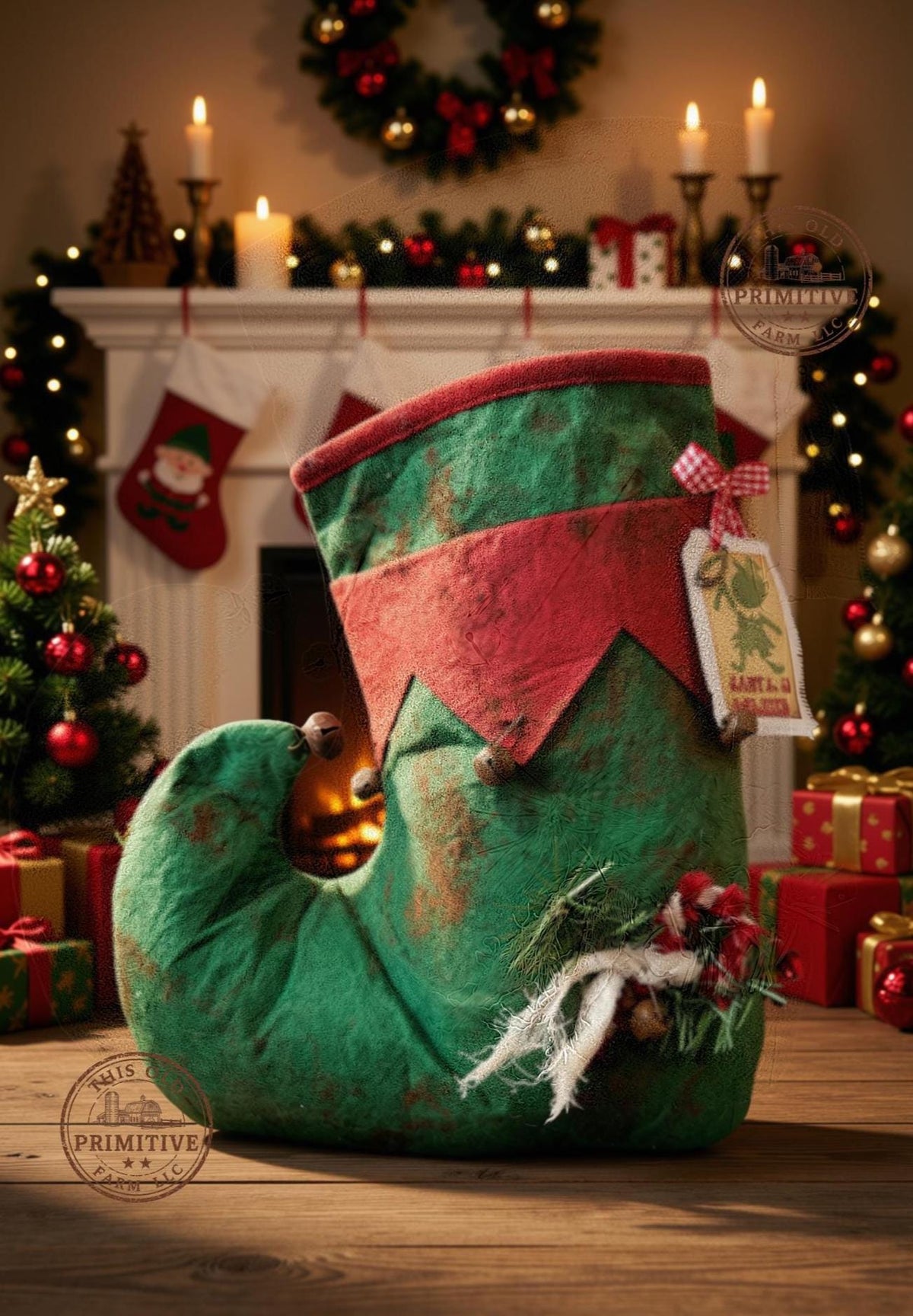 Primitive Elf Boot Christmas Decor, Santa's Helper, Rustic Farmhouse Shelf Sitter