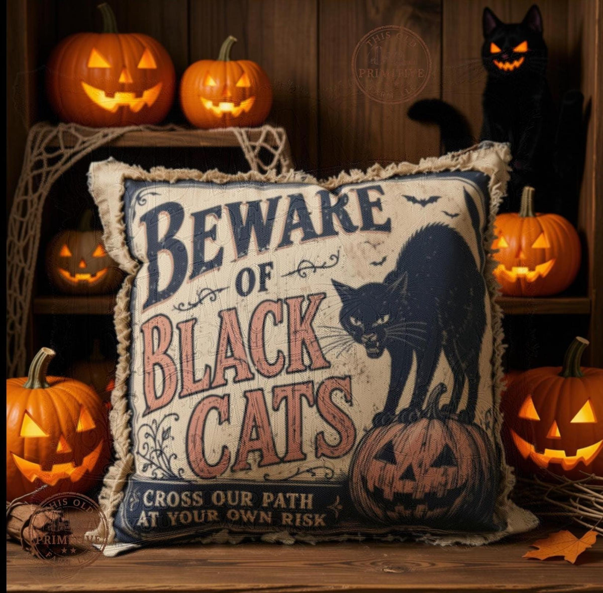 Primitive Halloween Black Cat Pillow, Vintage Halloween Decor, 13x13 Farmhouse Pillow, Rustic Jack O Lantern Shelf Sitter